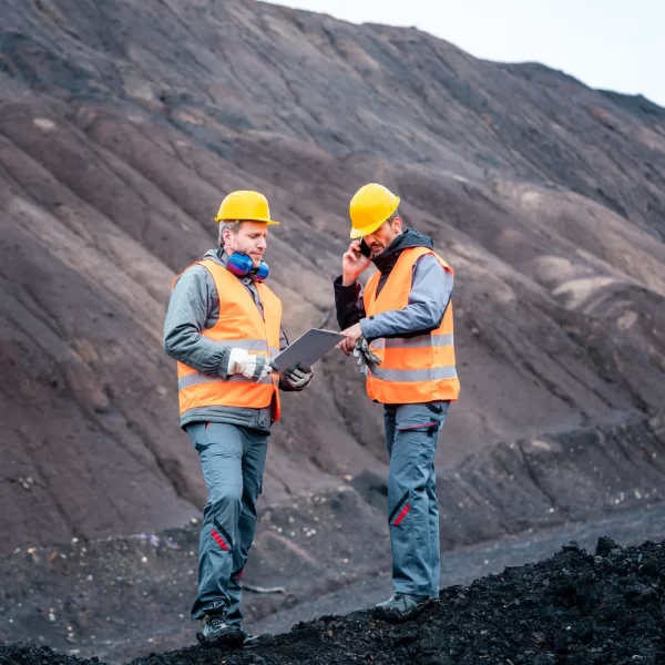 Two mining professionals in safety gear, including orange vests and hard hats, discussing work on a mining site, with a backdrop of dark soil and rocky terrain, illustrating hands-on training for entry-level mining jobs in Brisbane.